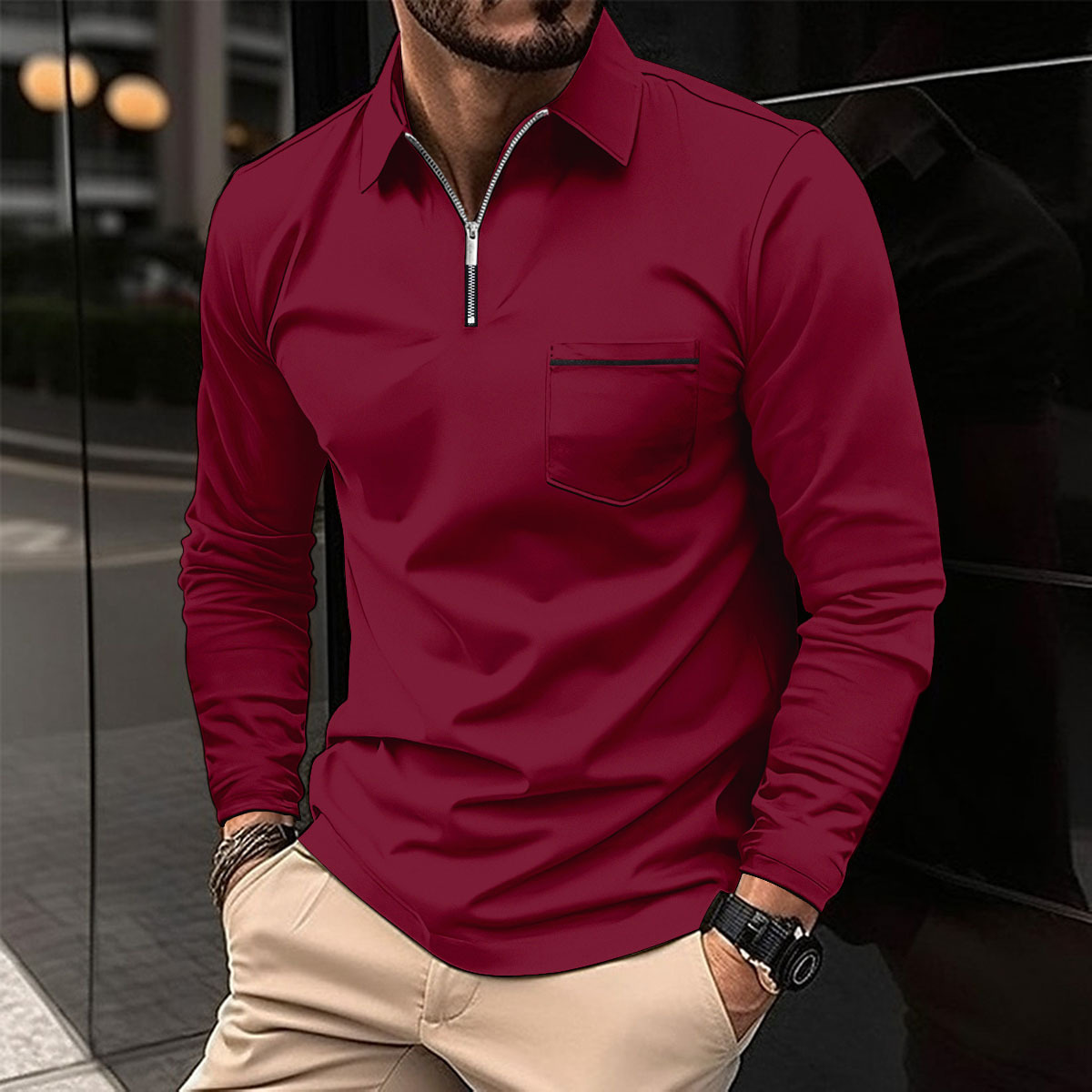 Jeremiah | Men's Modern Long Sleeve Polo with Chest Pocket