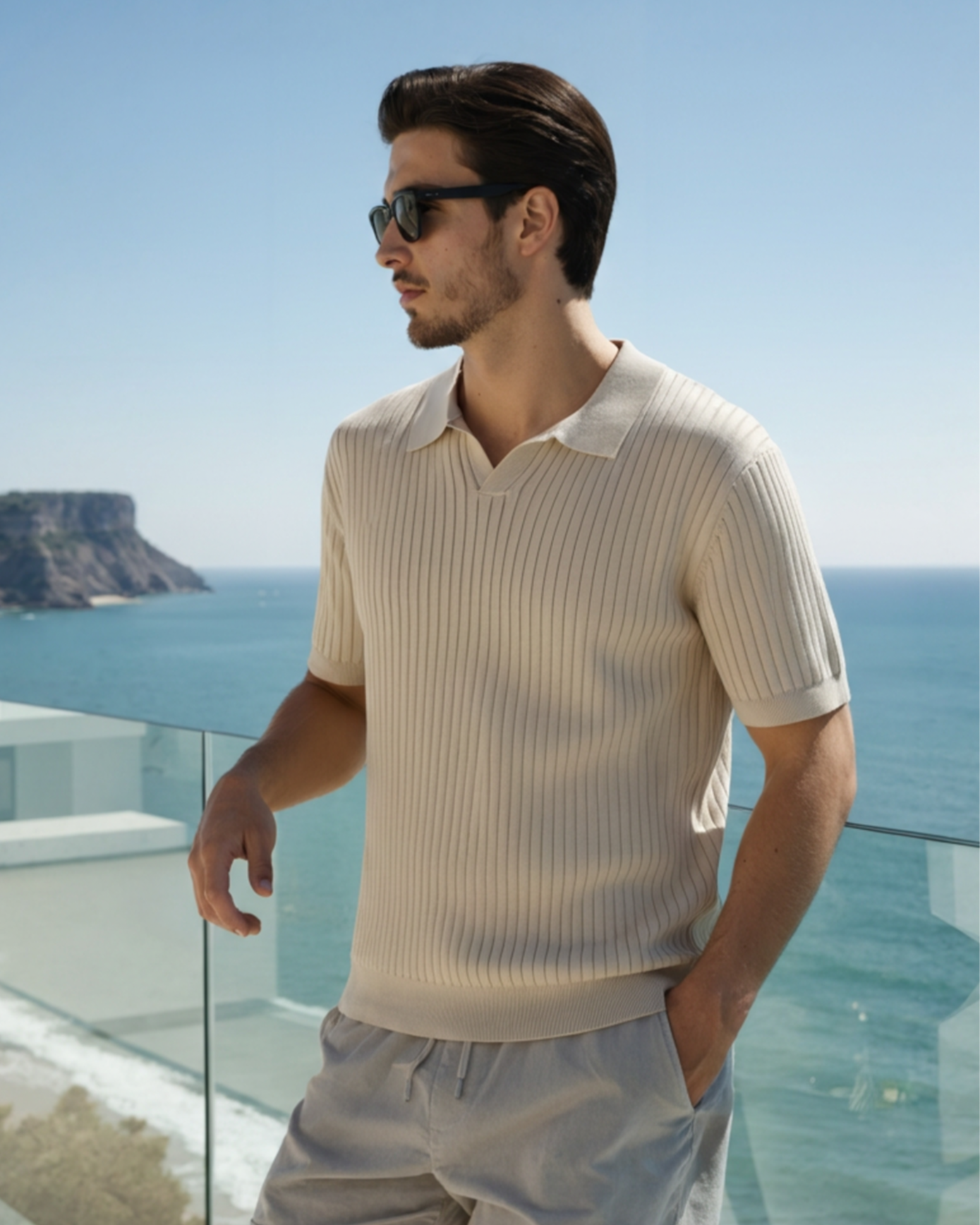 Christopher | Men's Casual Ribbed Knit Polo with Open Collar