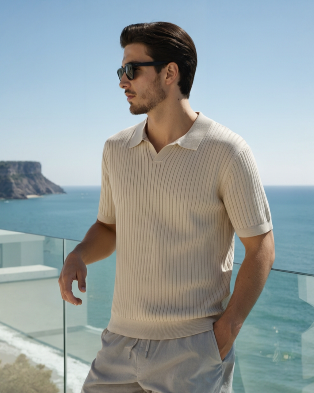 Christopher | Men's Casual Ribbed Knit Polo with Open Collar